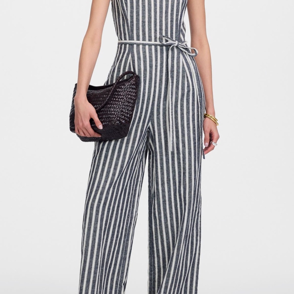 Madewell- Pleated wide leg jumpsuit in pinstripe linen